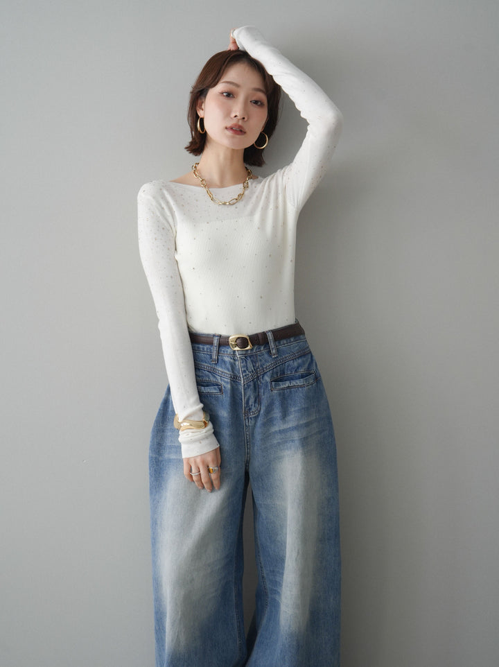 [SET]スパンコールシアーニットトップス+選べるアクセセット(2set)