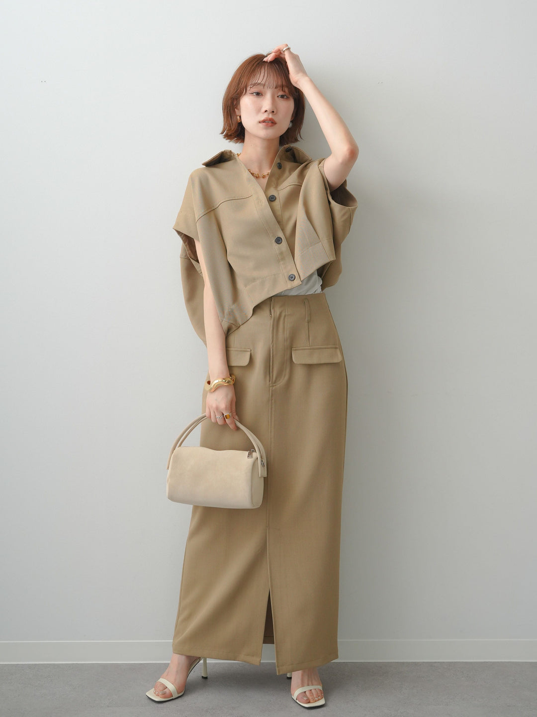 [SET]クレープデシンランタンノースリシャツ+クレープデシンフラップ付きストレートスカート(2set)