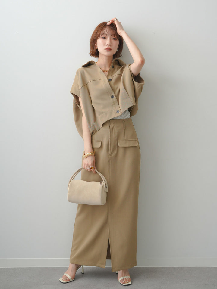 [SET]クレープデシンランタンノースリシャツ+クレープデシンフラップ付きストレートスカート(2set)