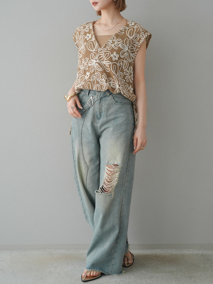 [予約]メッシュコード刺繍ベスト/ベージュ