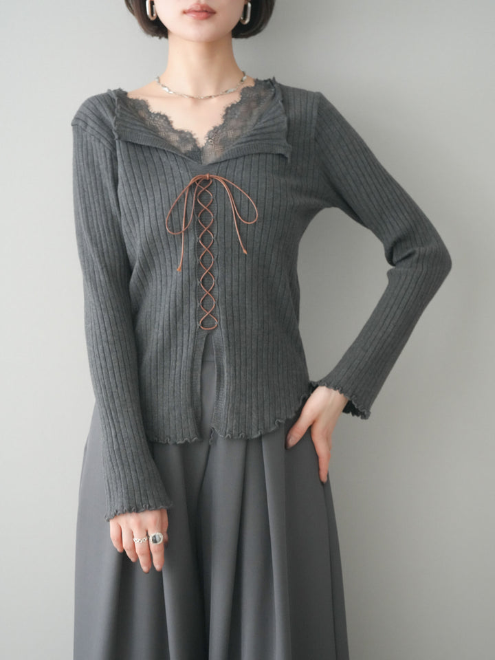 [予約]レースネックレースアップリブニットトップス/gray