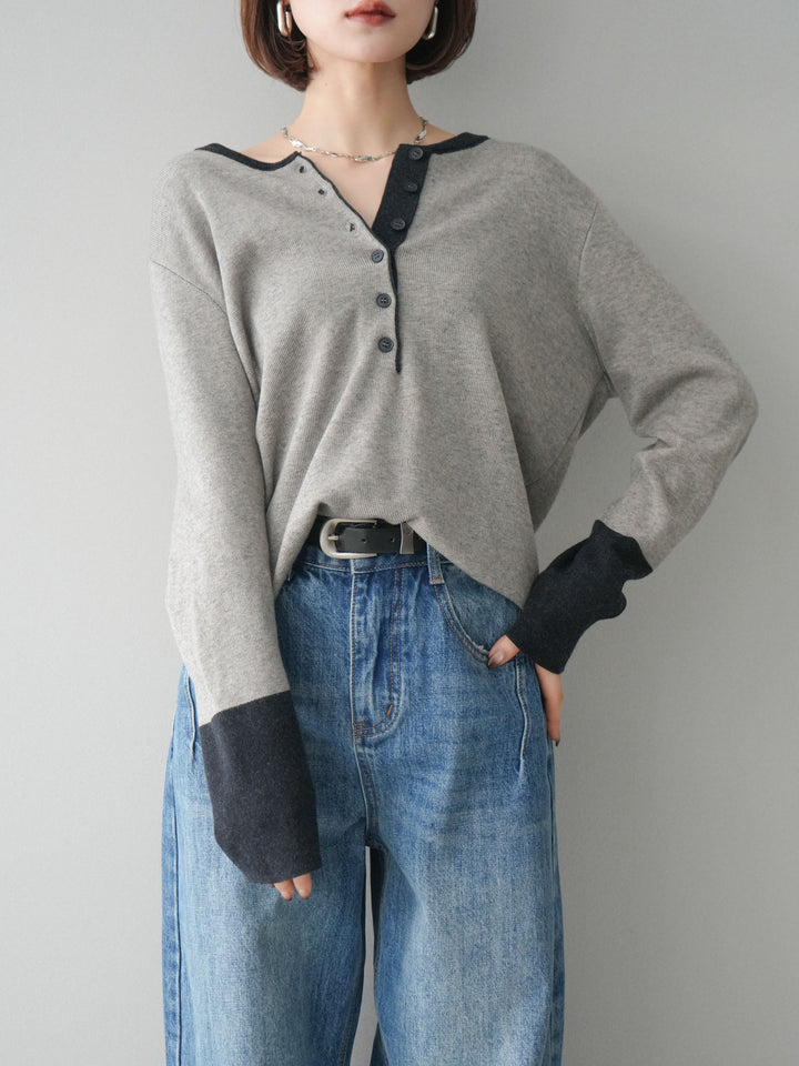 [SET]ヘンリーネック配色ニットソー+ベルト付3Dカーブワイドデニムパンツ(2set)