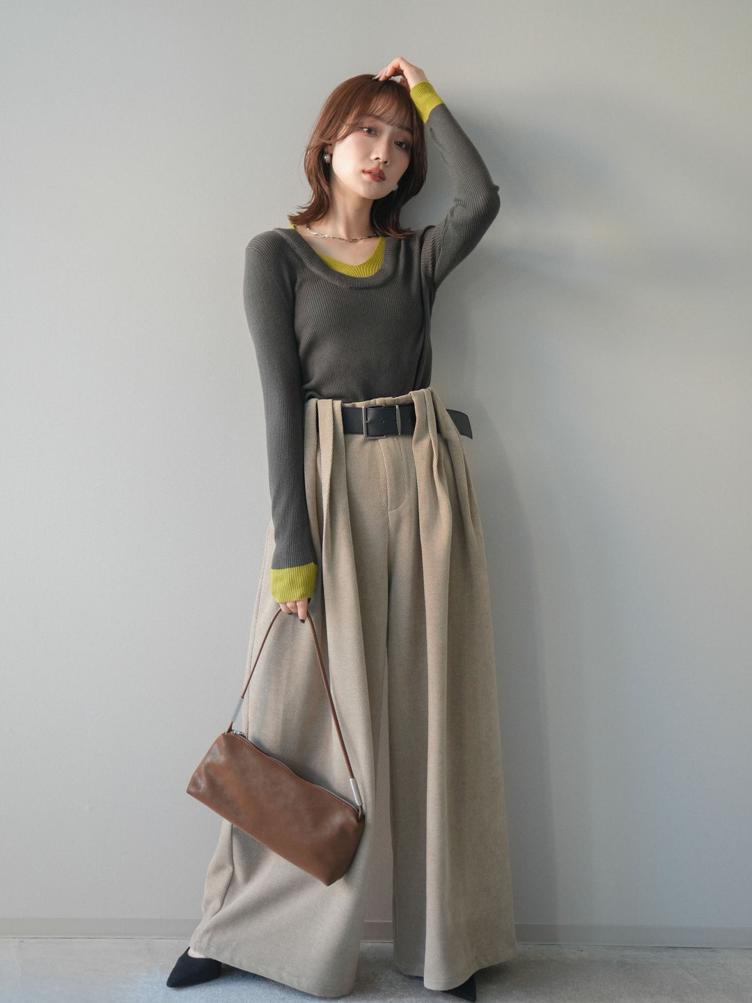 [予約]ベルトデザインループコールテンワイドパンツ(ベルト付き)/beige