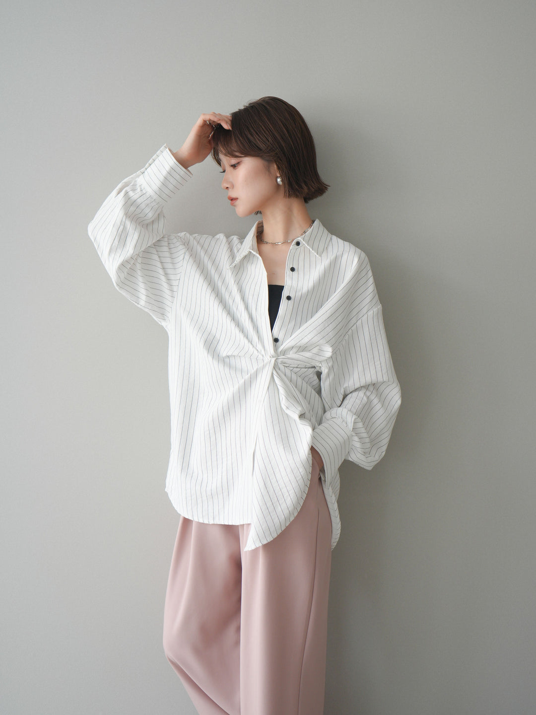 [SET]2WAYカシュクールストライプブラウス+ベルト付キーホルダーモチーフワイドパンツ(2set)