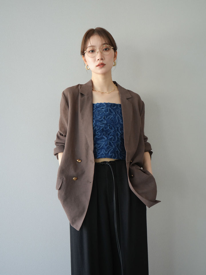 [SET] 金色扣環透視外套 + 滾邊花朵透視天鵝絨吊帶背心 + 繩紋腰帶麻感寬褲 (3 件套)