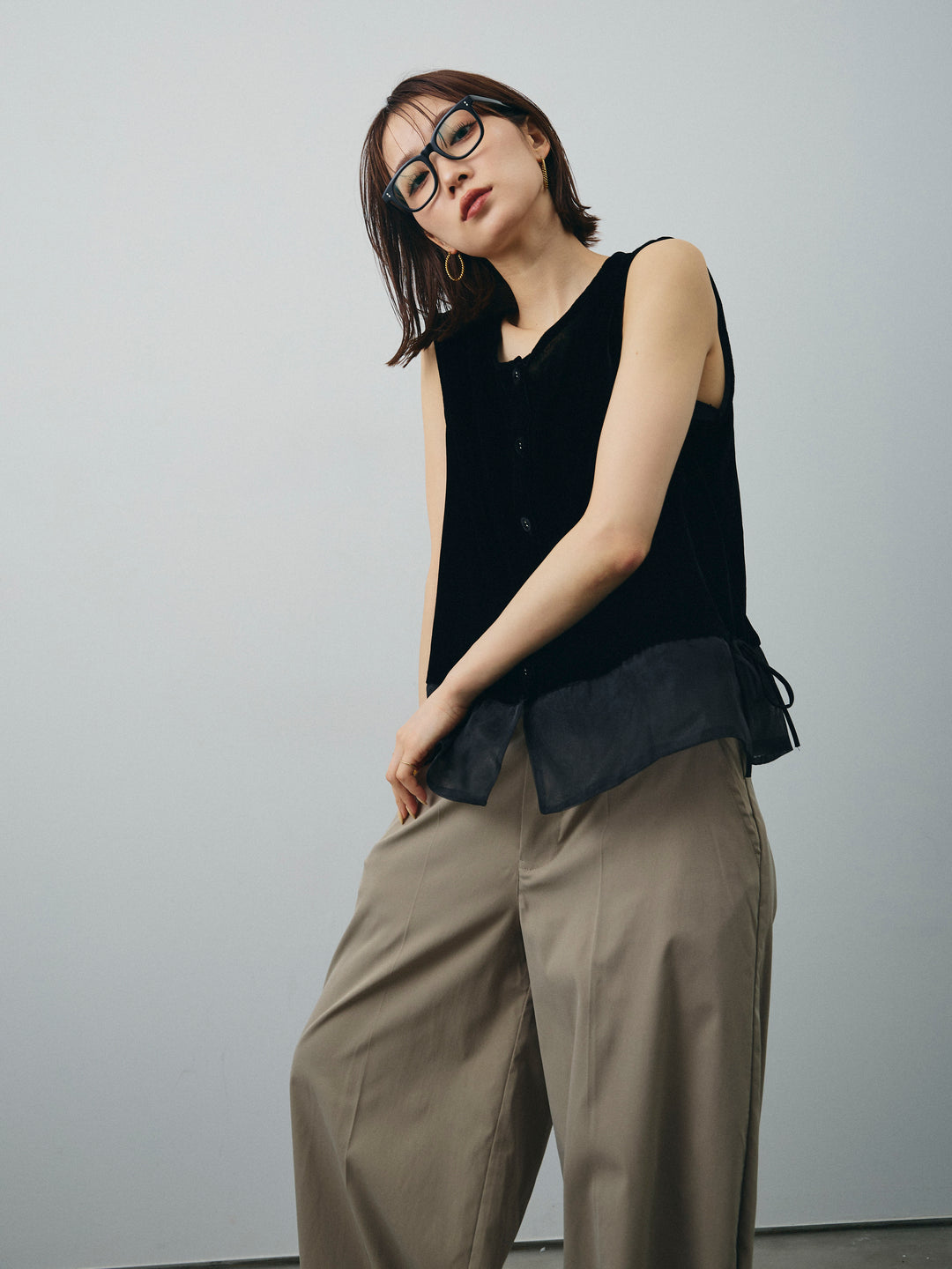 [SET]裾チュールベロアノースリーブプルオーバー+コクーンワイドチノパンツ(2set)