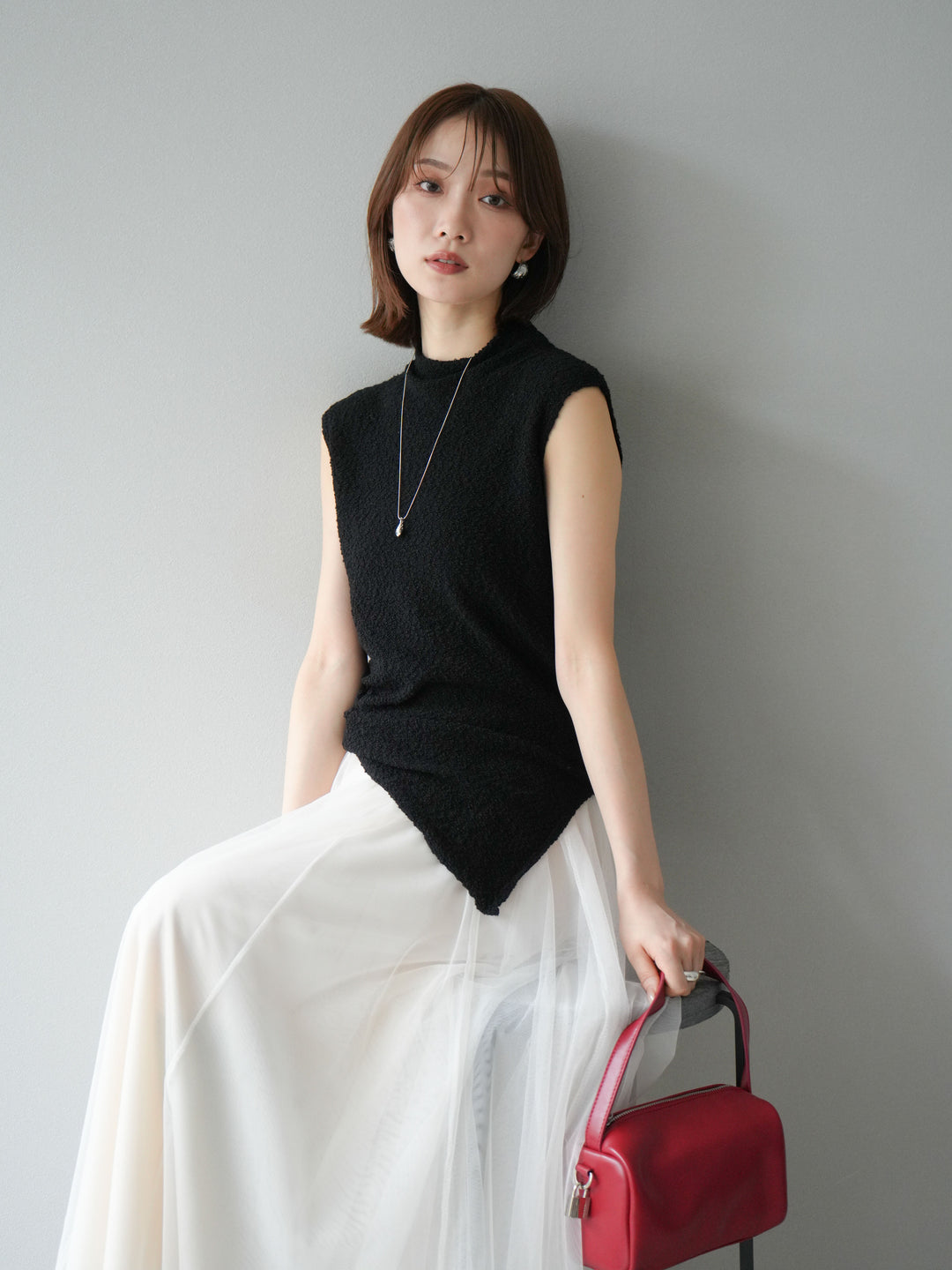 [予約]ブークレアシメニットノースリーブトップス/ブラック