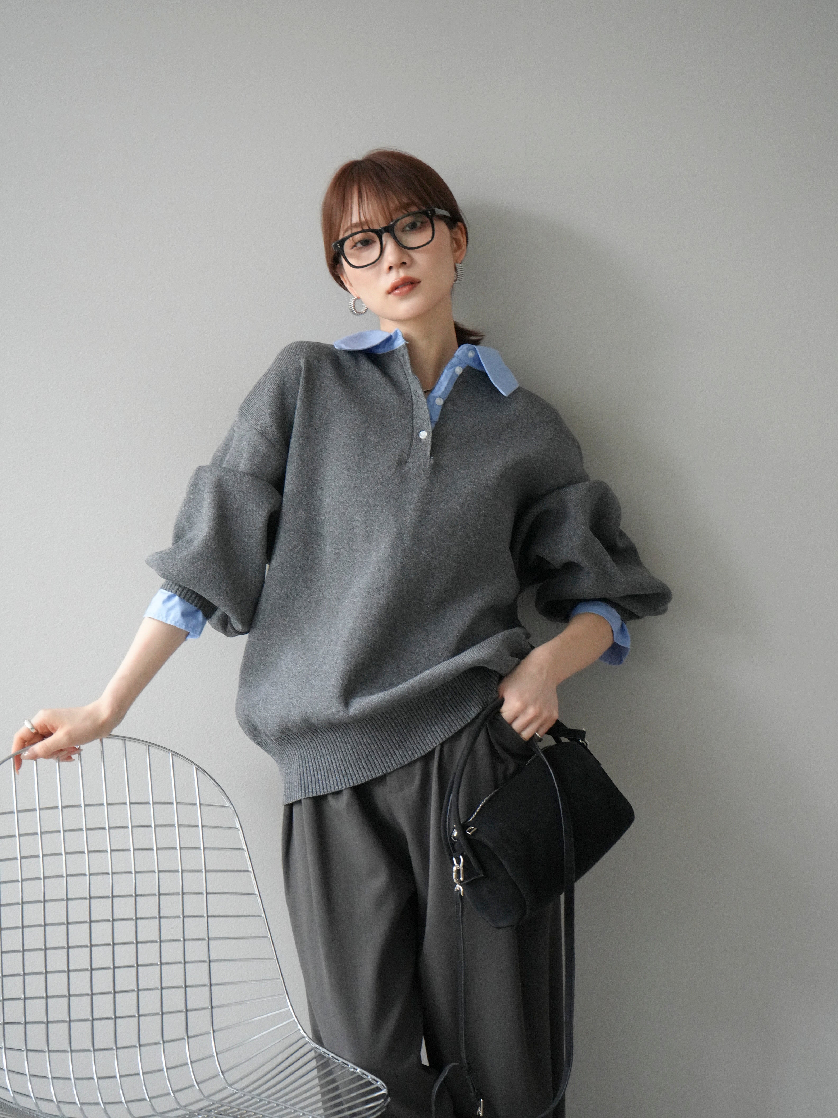 予約]襟付きポロニットプルオーバー/チャコール – Lumier