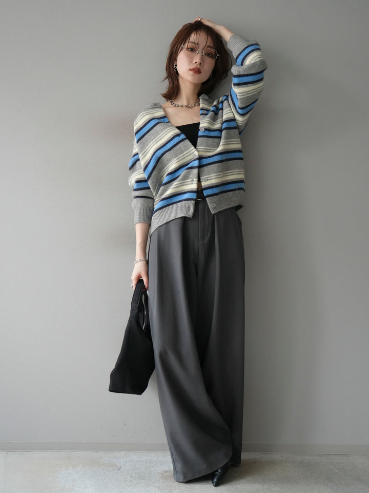 [SET]マルチボーダーニットカーディガン+ベルトループデザインワイドパンツ(2set)