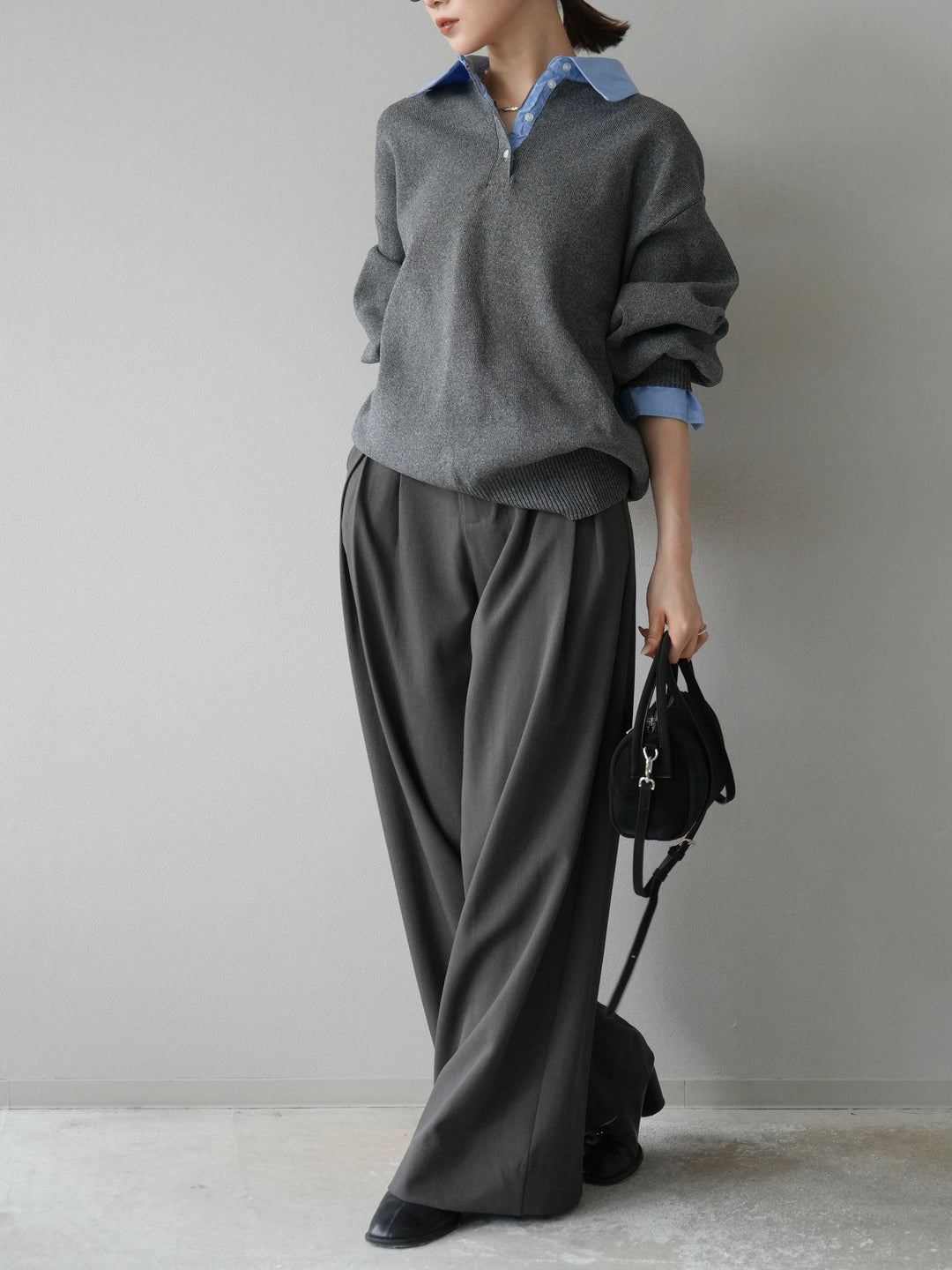 【SET】翻領polo針織套衫+雙褶闊腿褲（2件組）