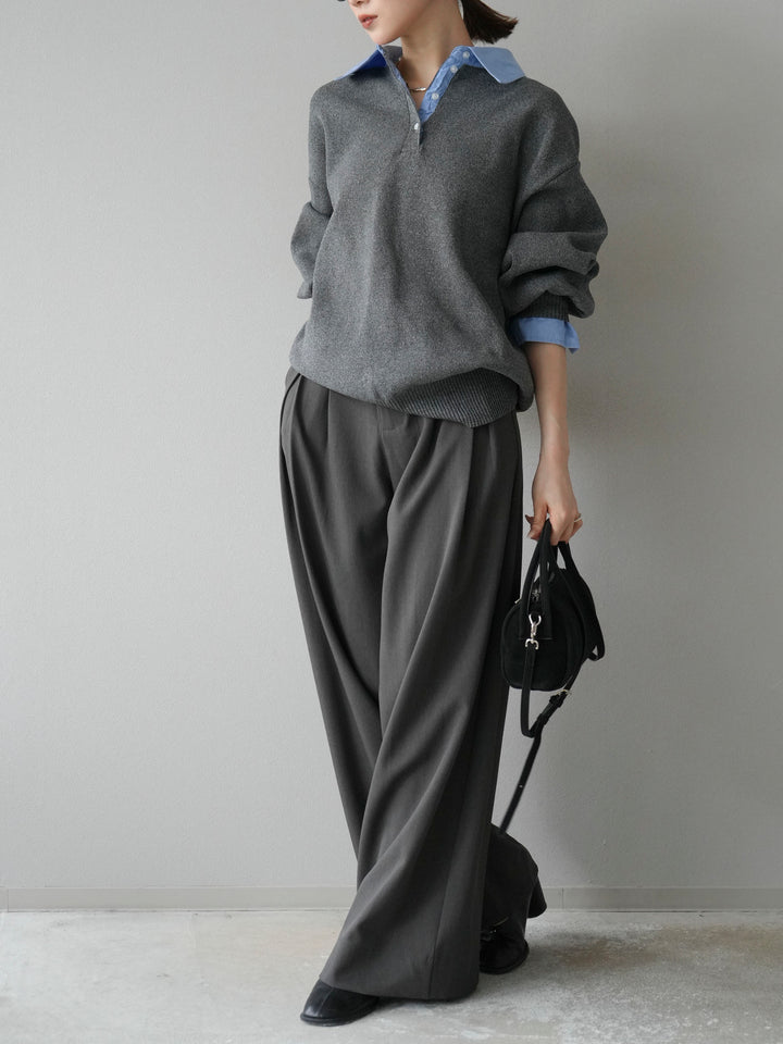 【SET】翻領polo針織套衫+雙褶闊腿褲（2件組）