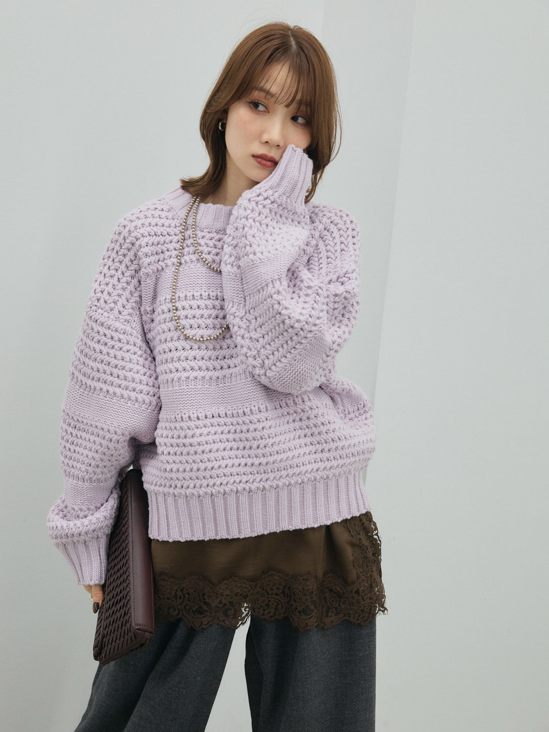 【Allure】[SET]ライン編みニットプルオーバー+ライン編みニットプルオーバー(2set)