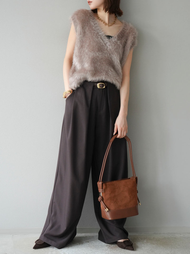 [SET]ラメシャギーVネックニットベスト+ベルトループデザインワイドパンツ(2set)