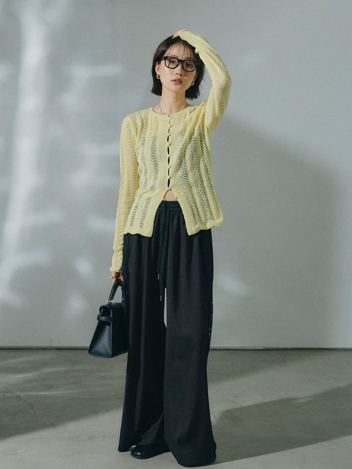 【Allure】[SET]透かし編みニットカーディガントップス+サイドピンタックレースイージーワイドパンツ(2set)