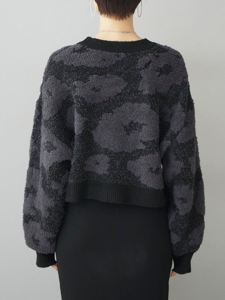 [Pre-order] Cropped knit with different material nuance patterns/Black x Charcoal