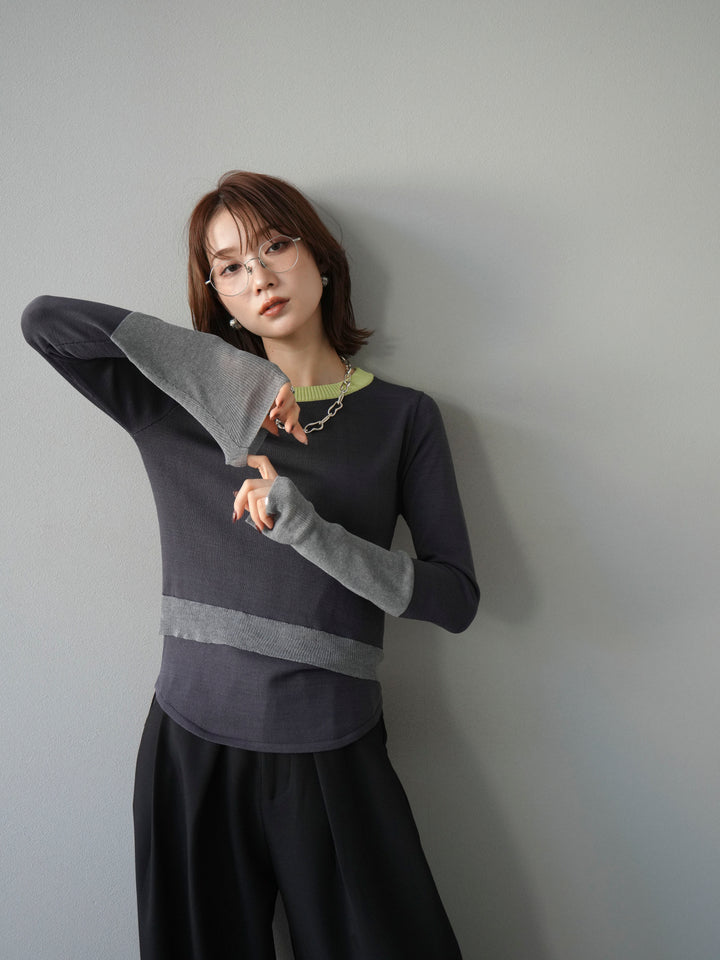 [予約]異素材配色デザインニットトップス/チャコール