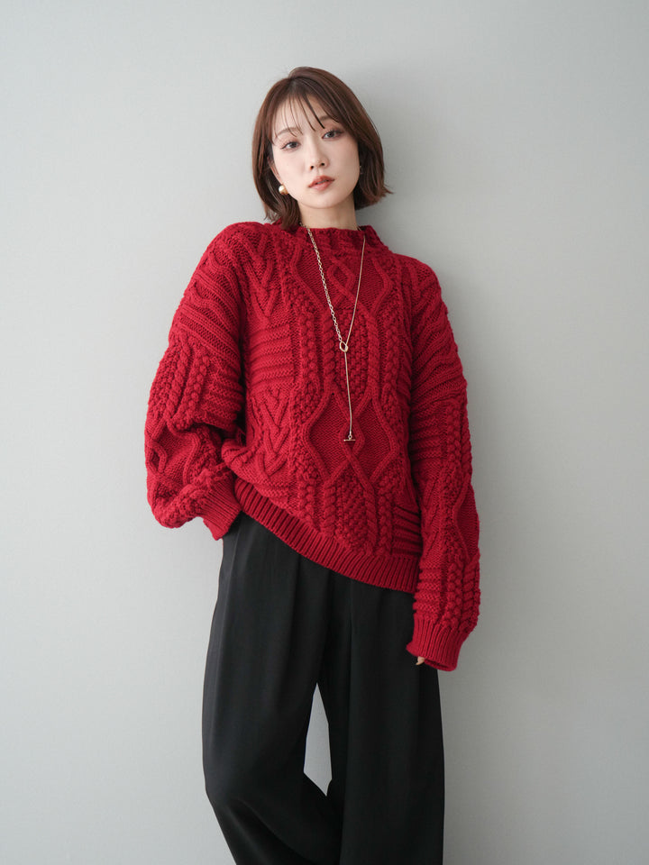 [SET]ケーブル編みモックネックニットプルオーバー+選べるアクセセット(2set)