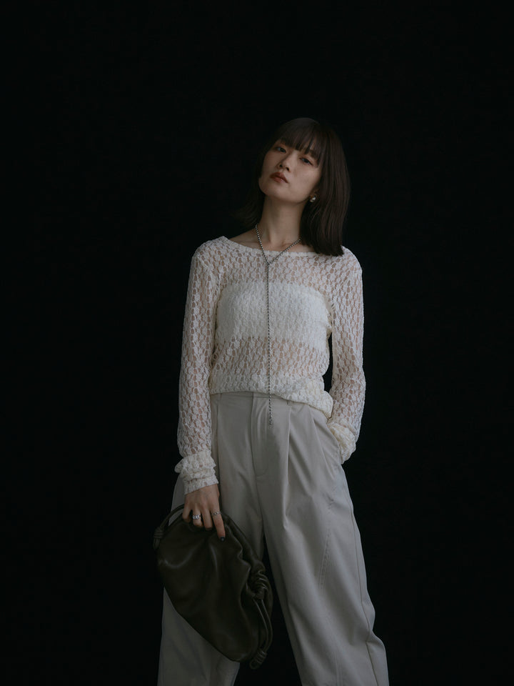 【Allure】[SET]バックラウンドレーストップス+タフタワイドカーブパンツ(2set)