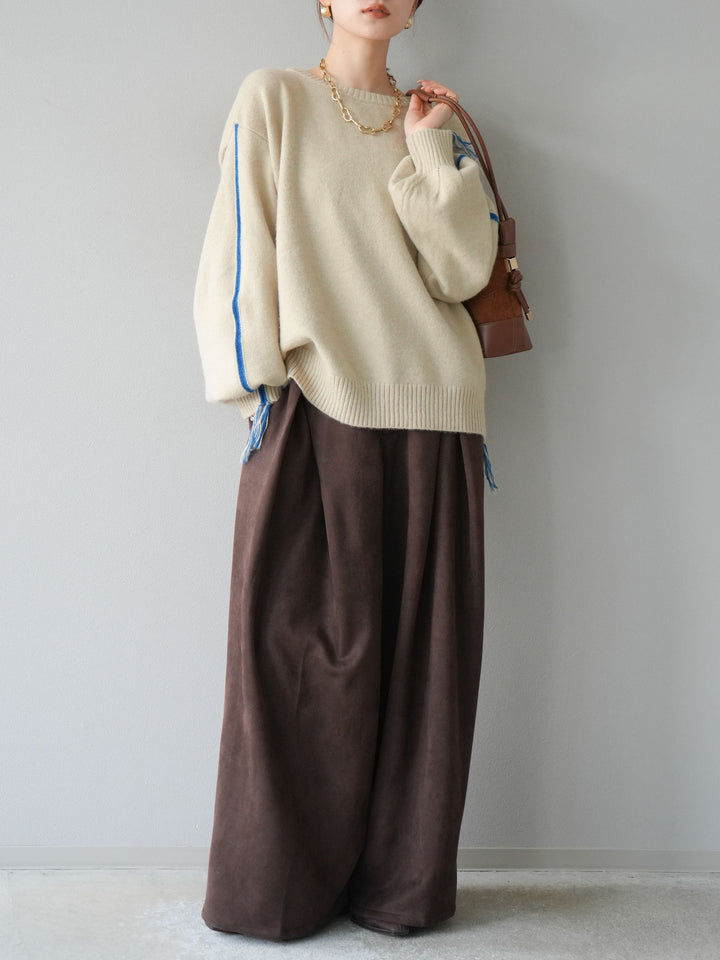 [SET]配色ステッチフリンジニットプルオーバー +スウェードタックワイドパンツ(2set)
