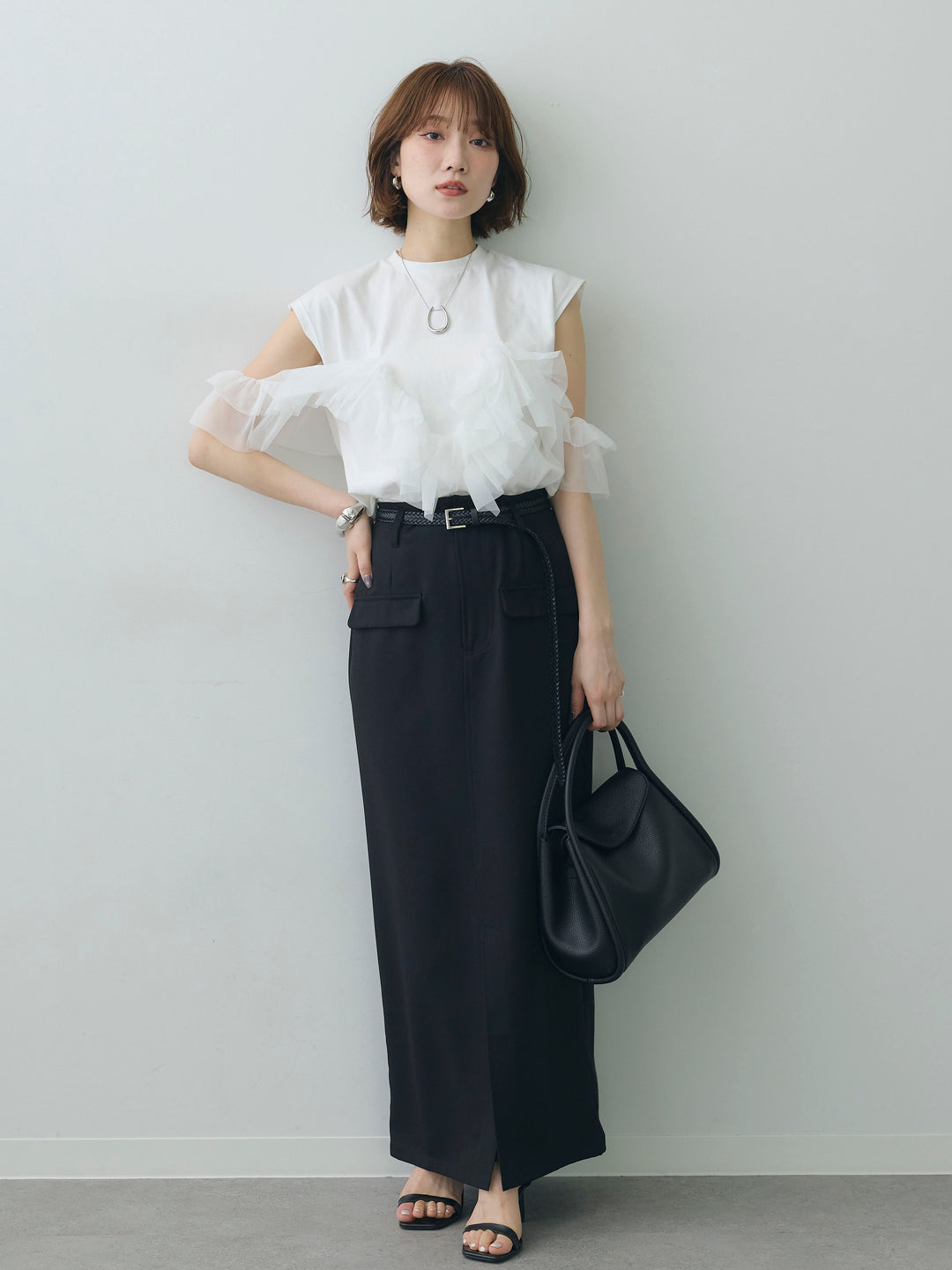 [SET]マルチwayフリルフレンチTEE+クレープデシンフラップ付きストレートスカート(2set)