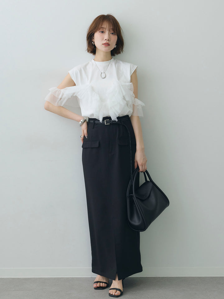 [SET]マルチwayフリルフレンチTEE+クレープデシンフラップ付きストレートスカート(2set)