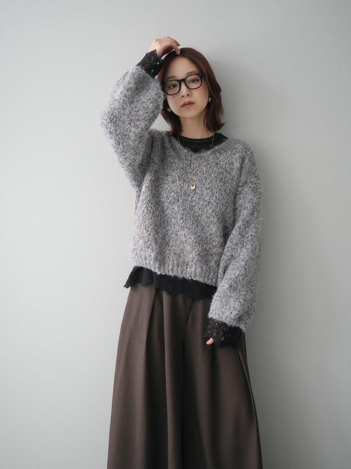 [SET]Vネックミックスヤーンニットプルオーバー+チュールレーストップス+テープベルトタックバギーパンツ(3set)