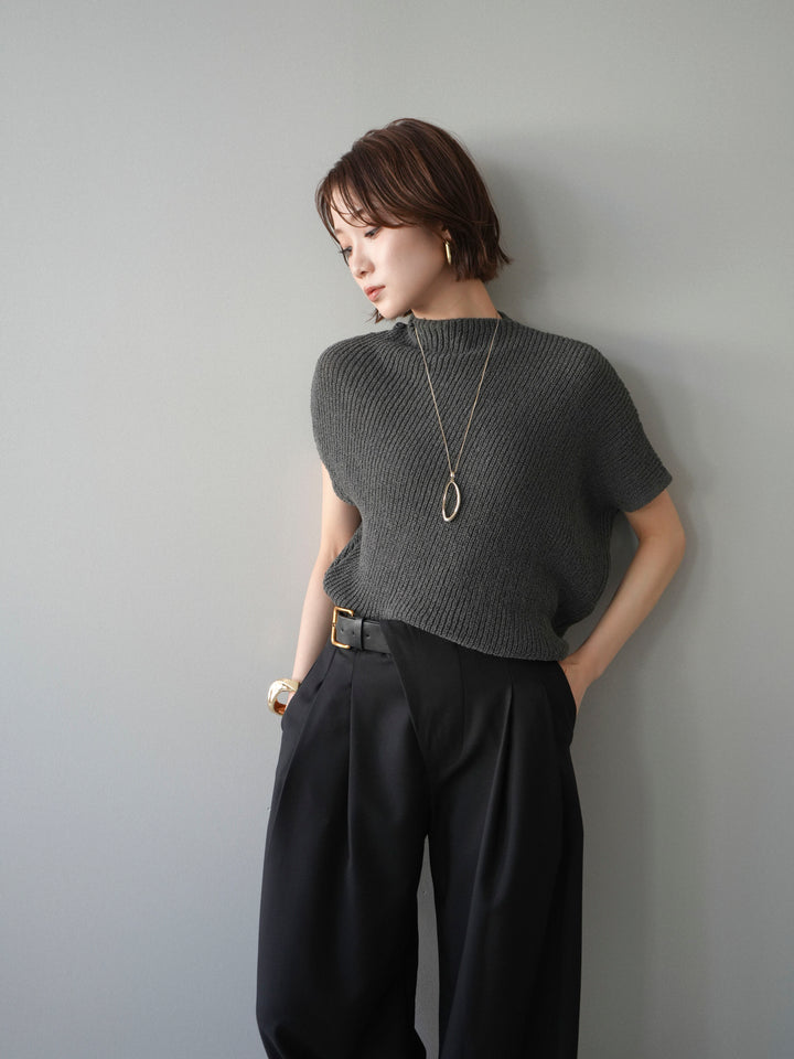 [SET]アシンメトリーローゲージニットトップス+アシンメトリーベルトタックワイドパンツ(2set)