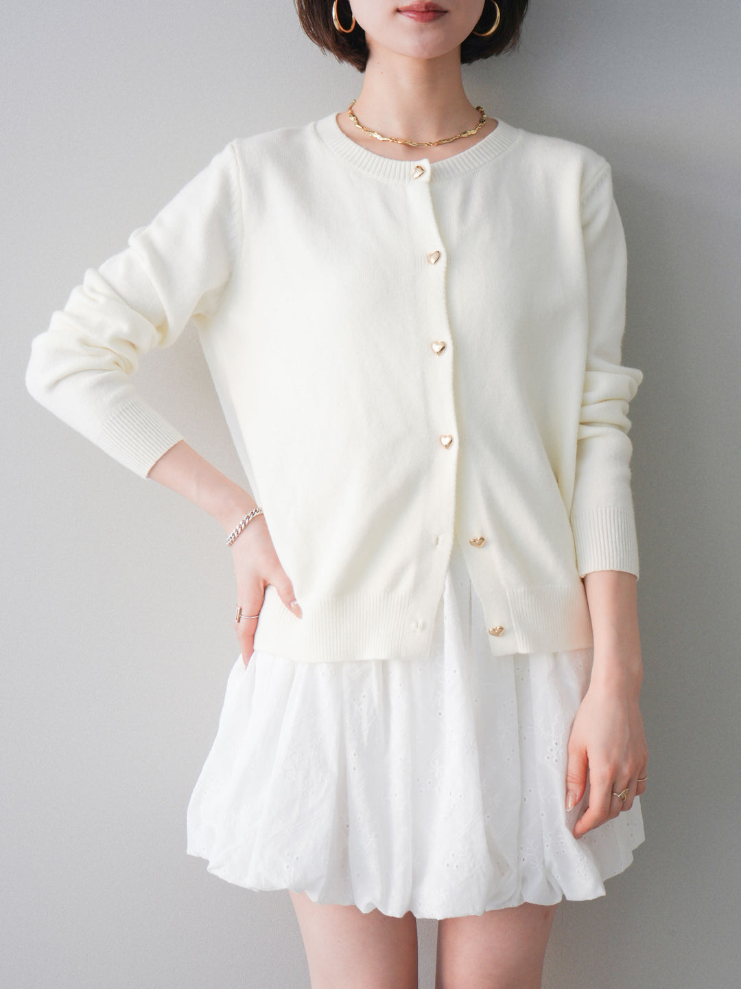 [SET]ハートボタンニットカーディガン+コットンライクレースバルーンミニスカート(2set)