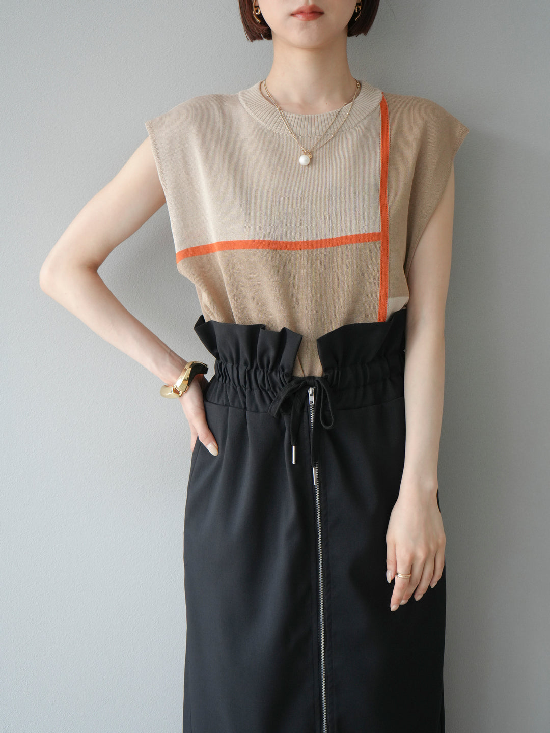 [予約]配色ノースリーブニットプルオーバー/ベージュ