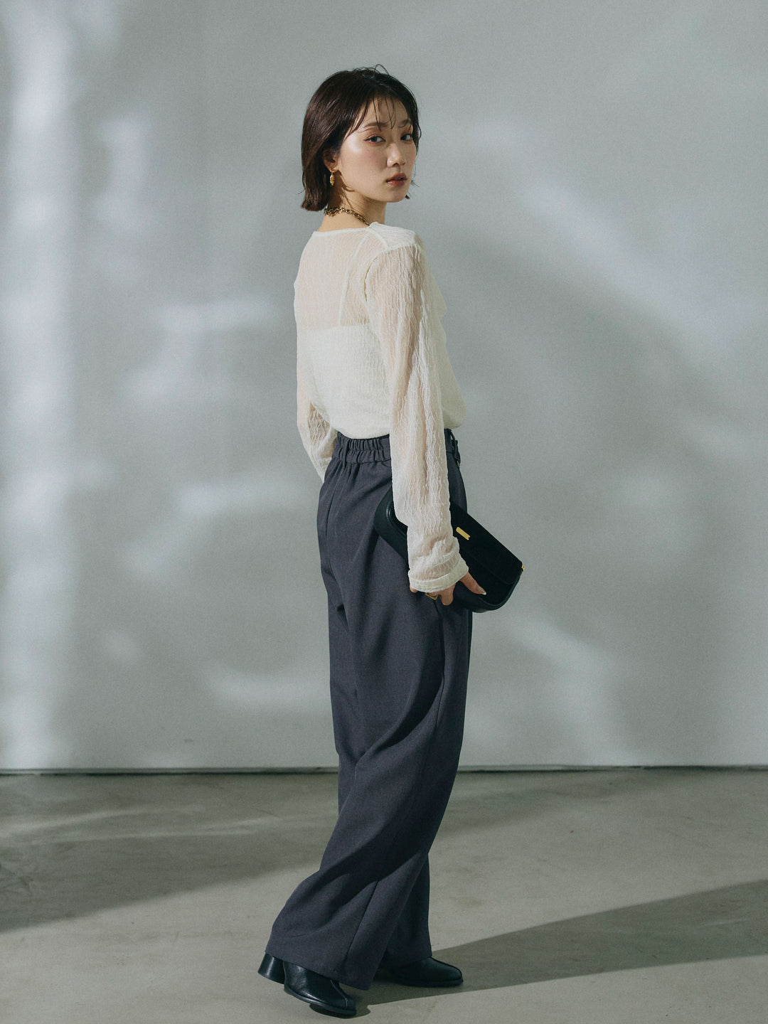 【Allure】[SET]ストレッチレースドレープトップス+アシンメトリーウエストタックパンツ(2set)