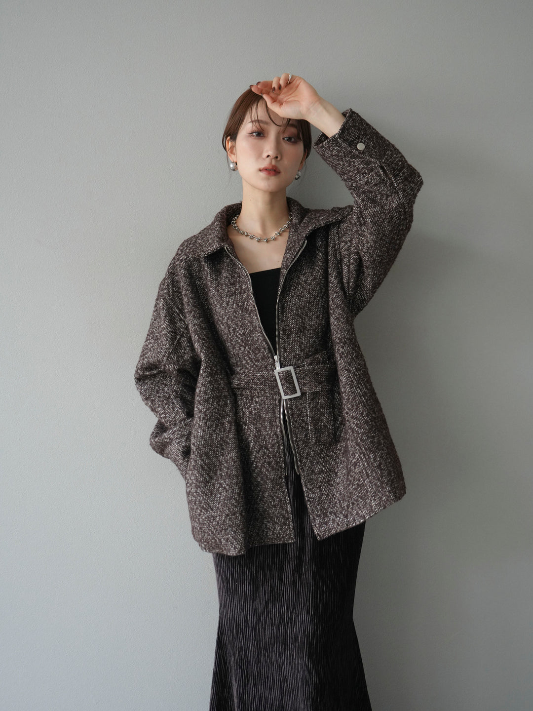 [予約]起毛ツイードベルトぺプラムジャケット/brown
