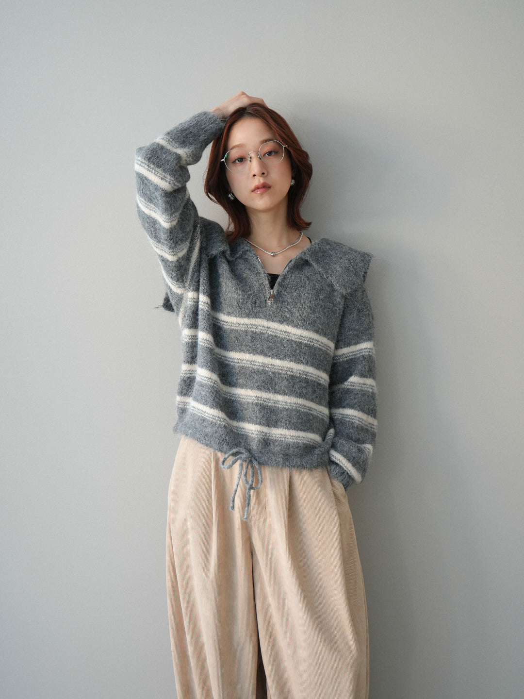 [予約]ハーフジップボーダーニットプルオーバー/gray