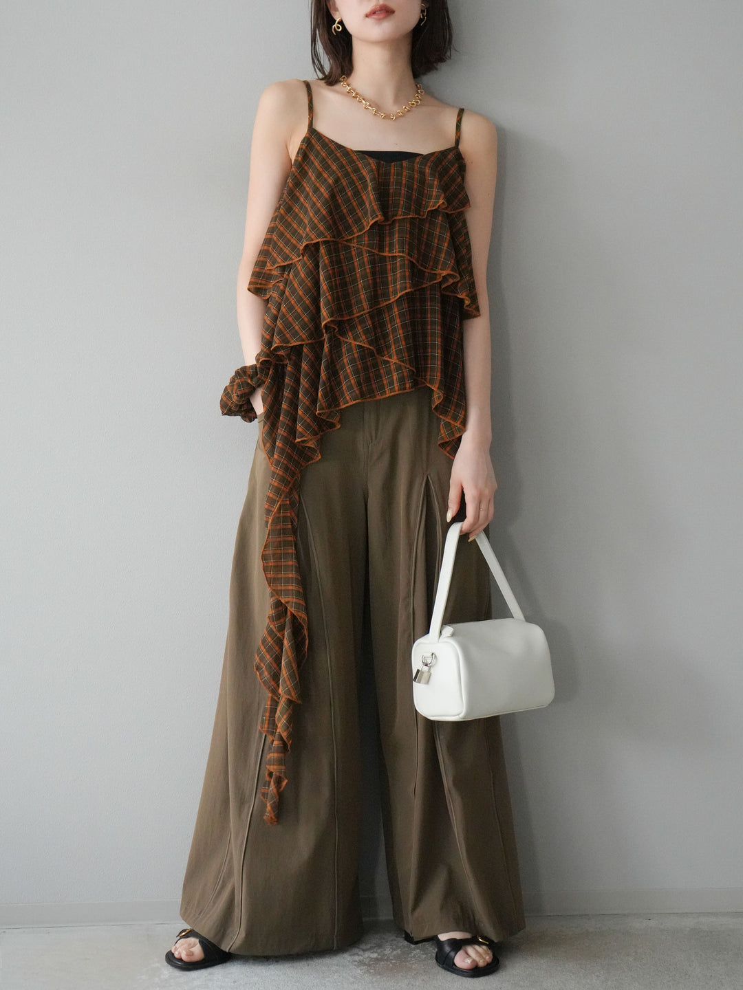 [予約]チェック柄ラッフルキャミソール/ブラウン