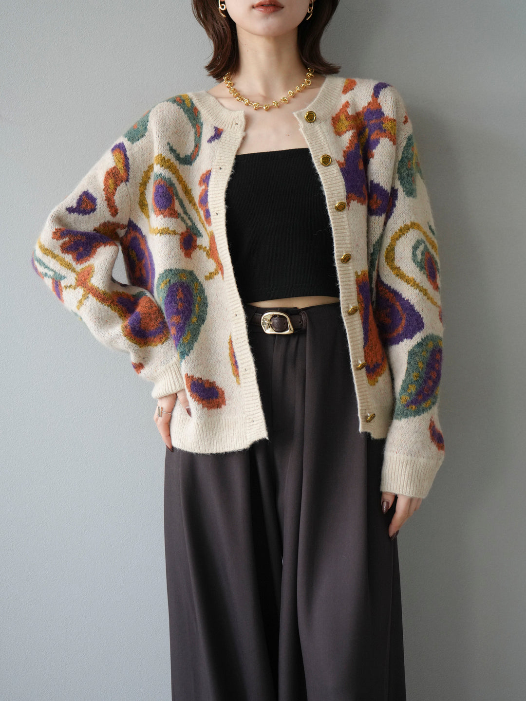 【着回しセット】[SET]求心柄クロップドニットカーディガン+ミックスヤーンペイズリー柄ニットカーディガン+ベルトループデザインワイドパンツ(3set)