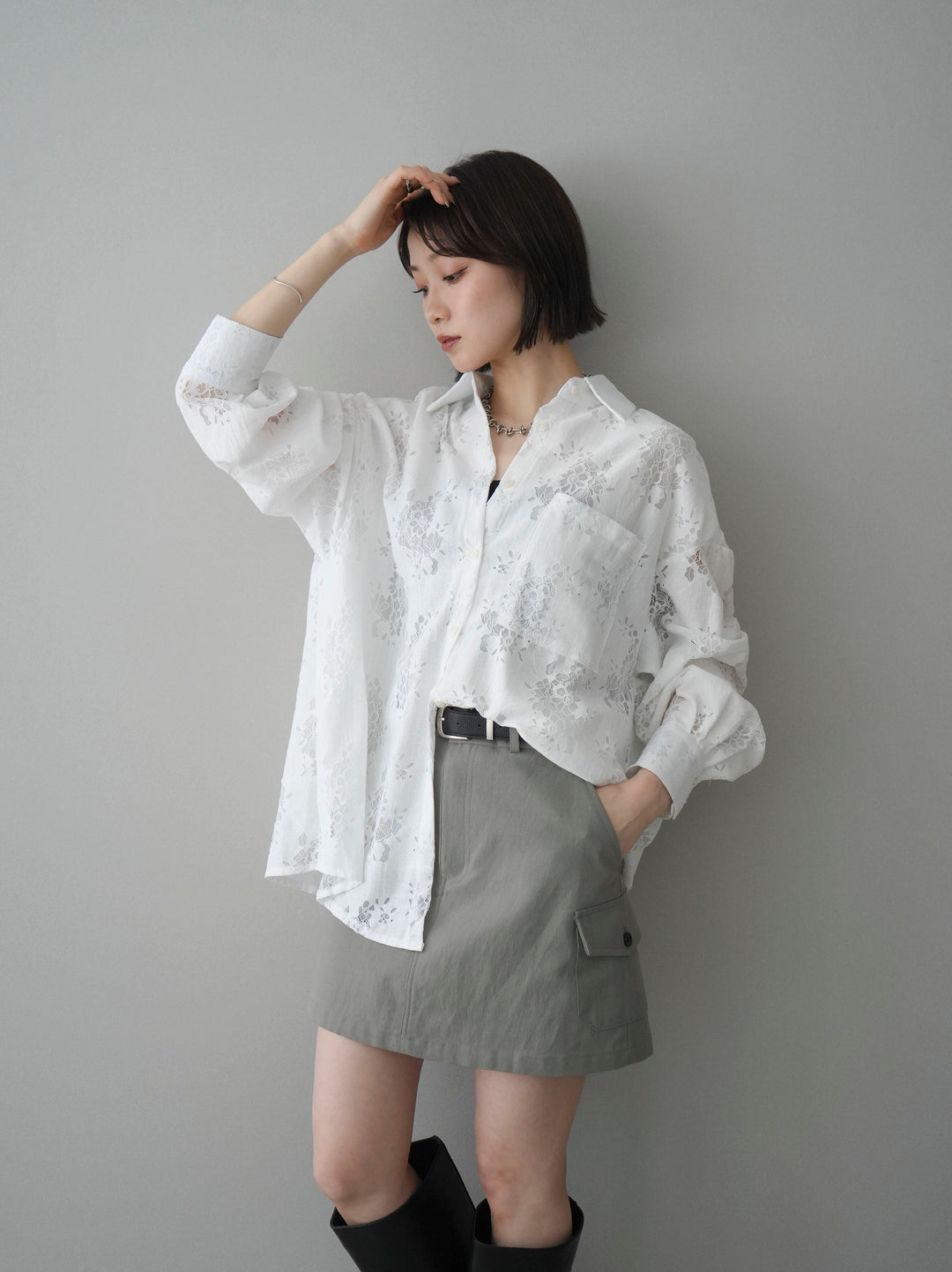 【套裝】提花蕾絲罩衫+繫帶工裝迷你裙（兩件套）