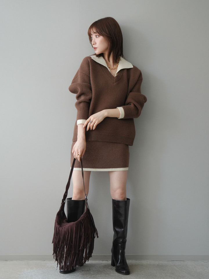 [SET]配色襟ニット＆ミニスカートSET UP(2set)
