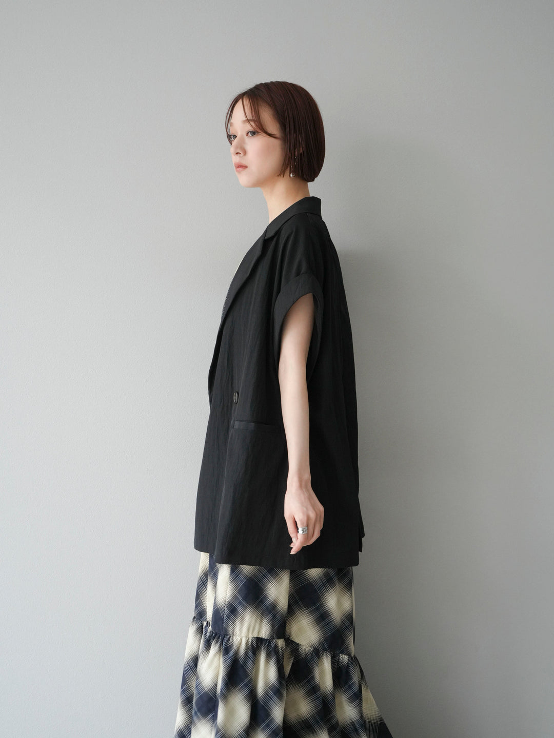 [SET]ベルト付チェックノースリーブワンピース+リネンライクノースリーブダブルジレ(2set)