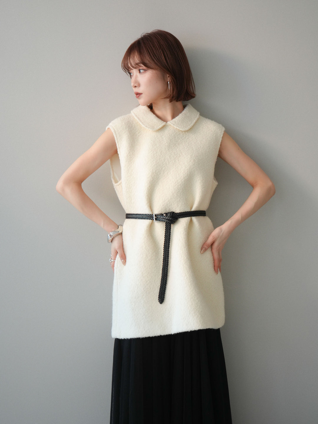 [予約]襟付きブークレミニワンピース/offwhite