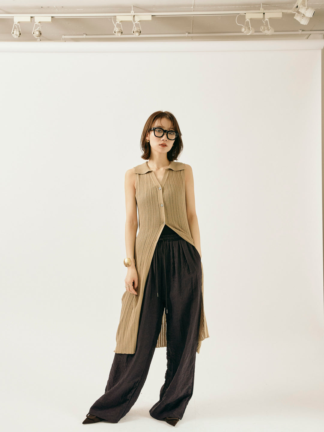 [予約]襟付きランダムリブロングニットカーディガン/ベージュ