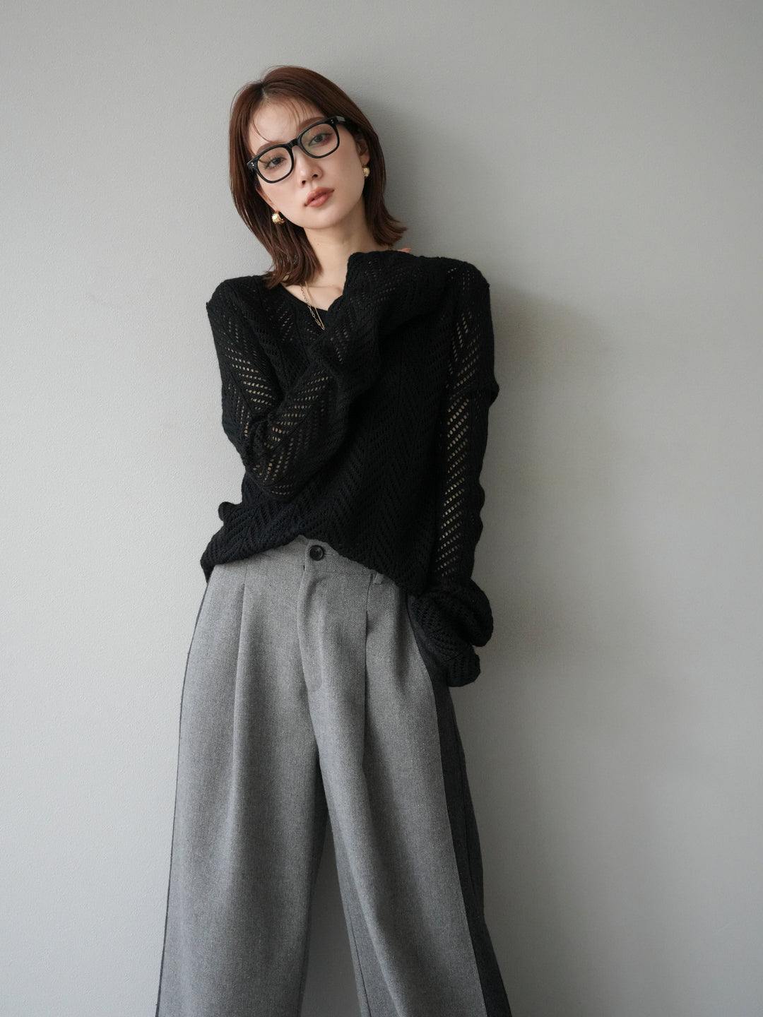 [予約]透かし編みニットトップス/ブラック