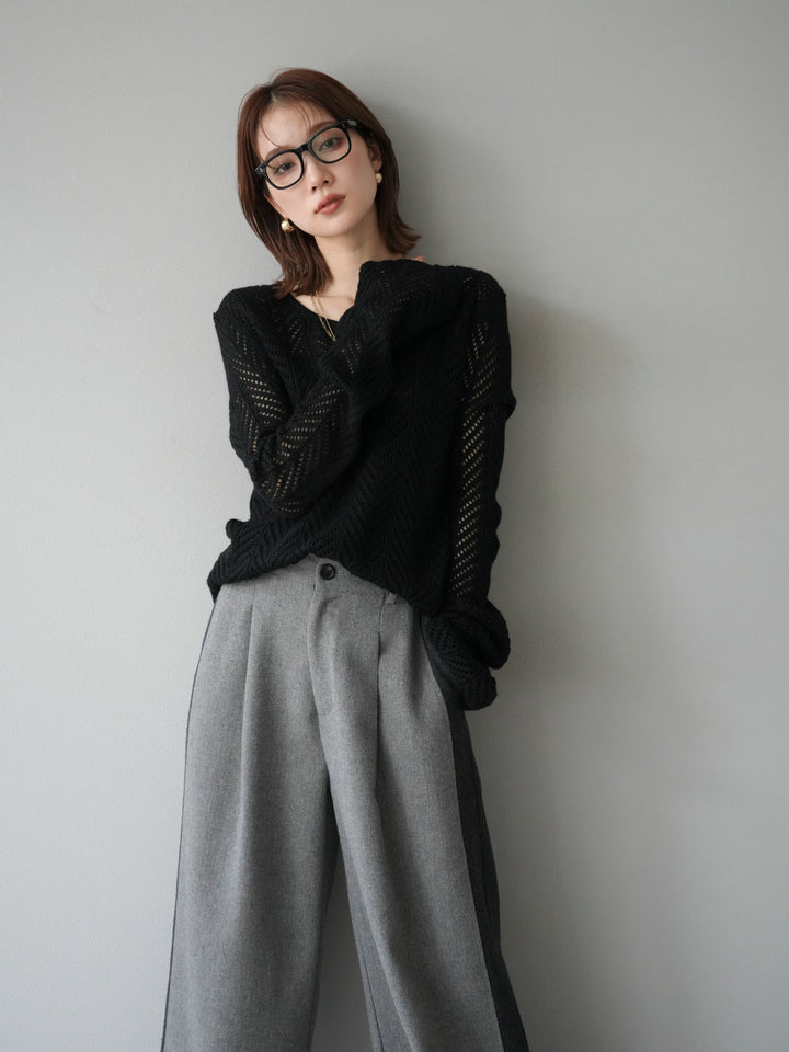 [予約]透かし編みニットトップス/ブラック