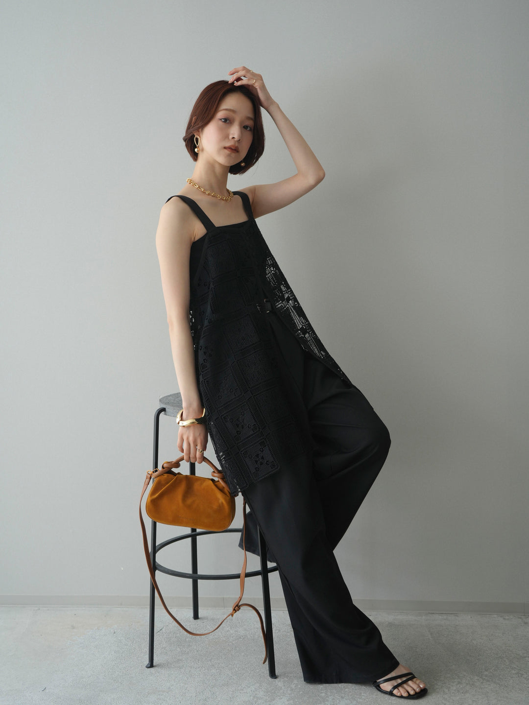 [SET]配色パネルレースキャミソール+ベルト付キーホルダーモチーフワイドパンツ(2set)