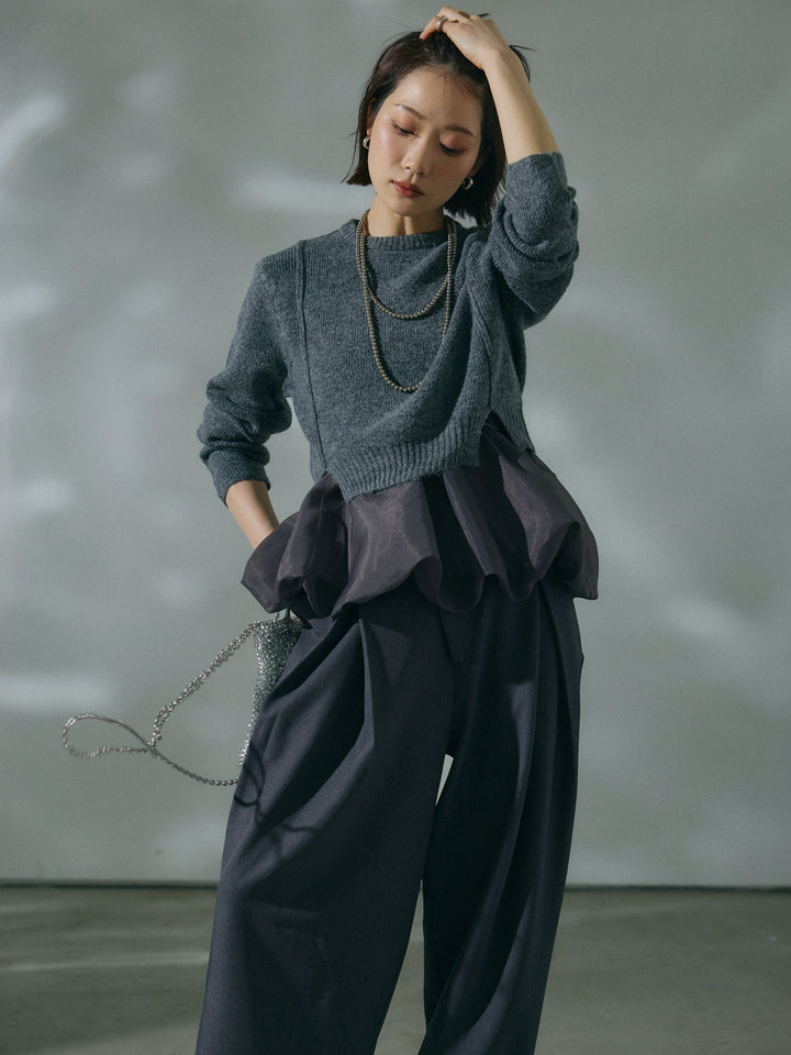 【Allure】[SET]オーガンジーバルーンキャミアンサンブルニット+アシンメトリーウエストタックパンツ(2set)