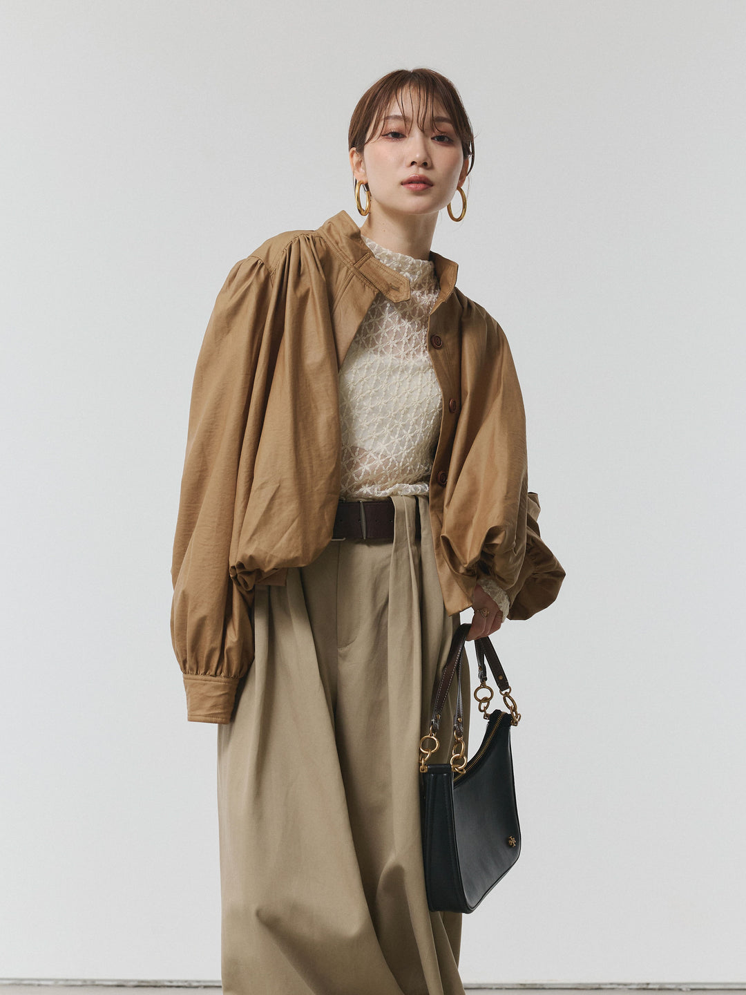 【Allure】[SET]フラワーレーストップス+ベルト付ダブルループワイドパンツ(2set)