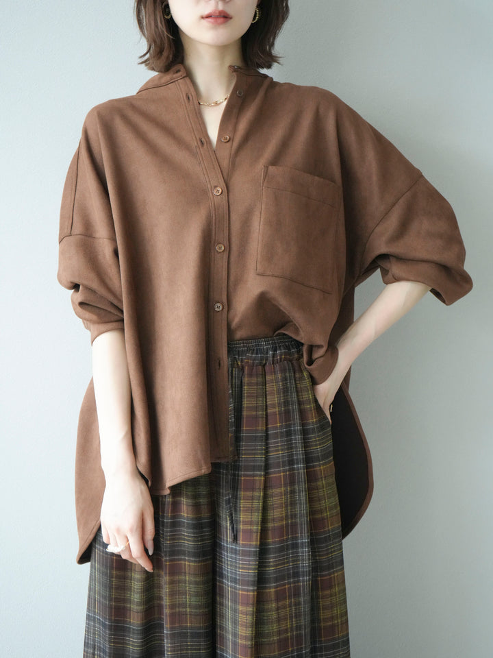 [SET]スエードバンドカラーオーバーシャツ+シアーチェックバギーパンツ(2set)