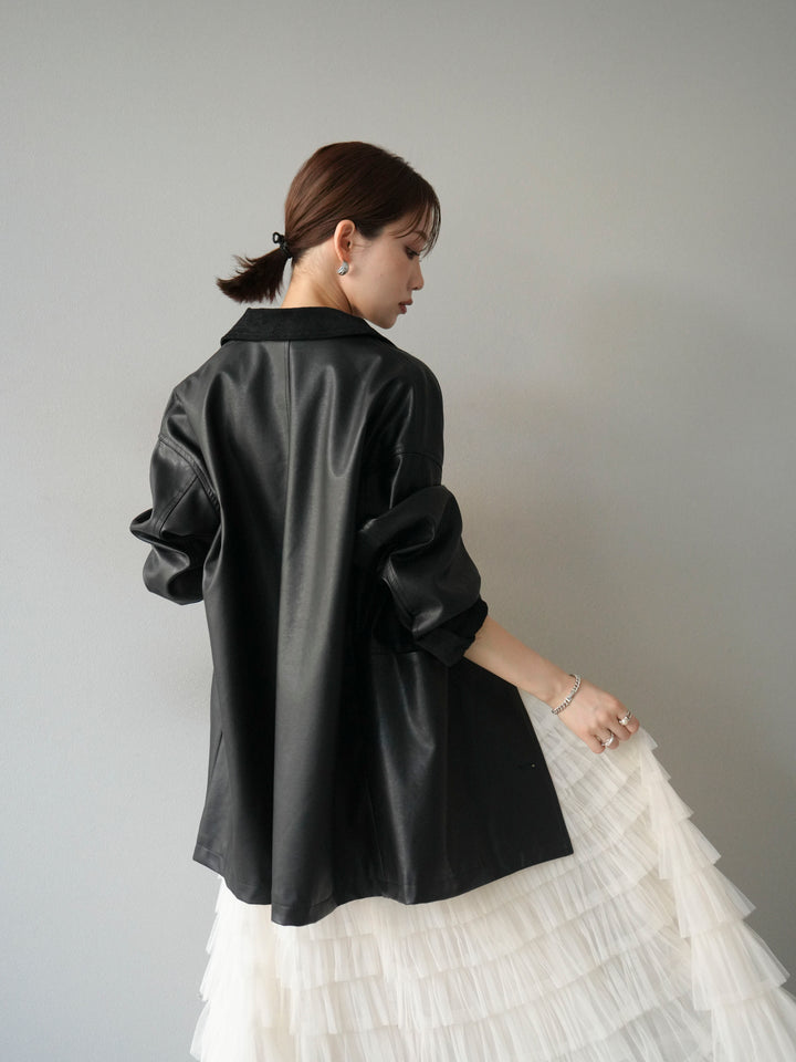 [予約]コーデュロイ襟レザーステンカラージャケット/ブラック