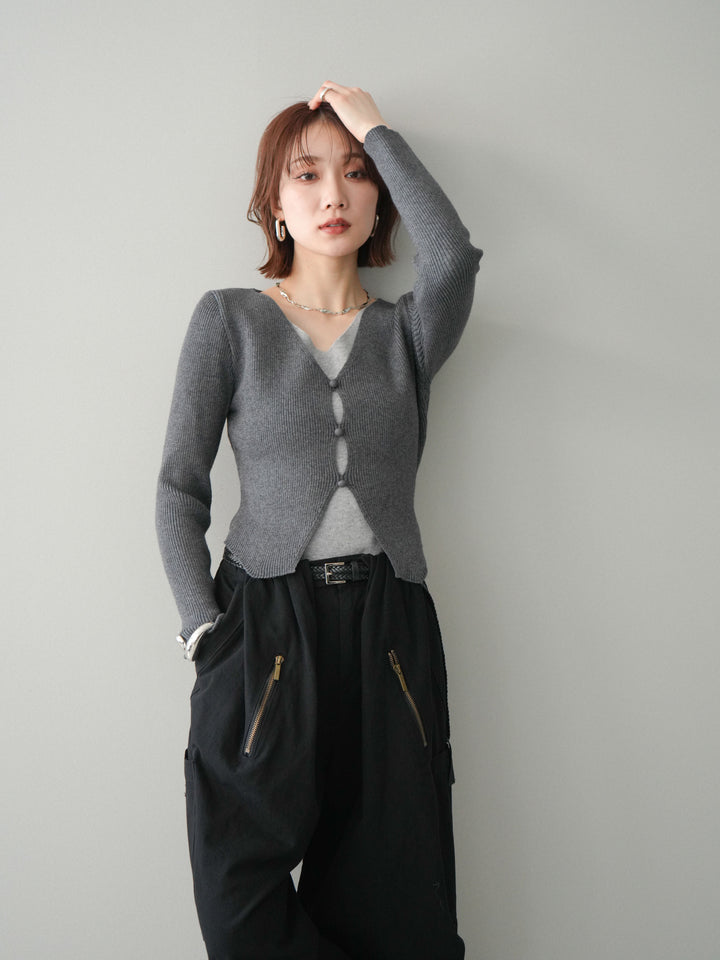 [予約]Vネック配色レイヤードスリットニットトップス/charcoal