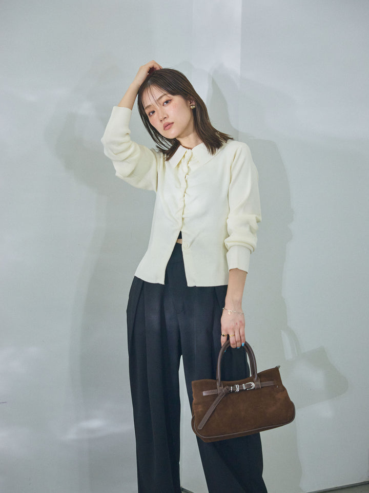 【Allure】[SET]襟付きギャザーニットカーディガン+アシンメトリーウエストタックパンツ(2set)