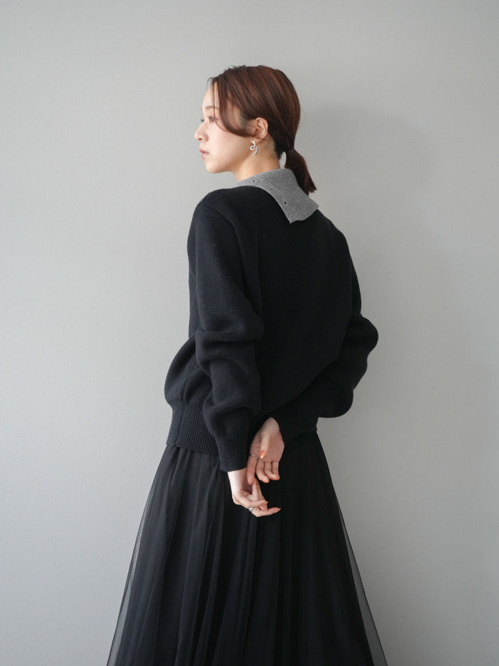 [予約]デザインネックバイカラーニットプルオーバー/black