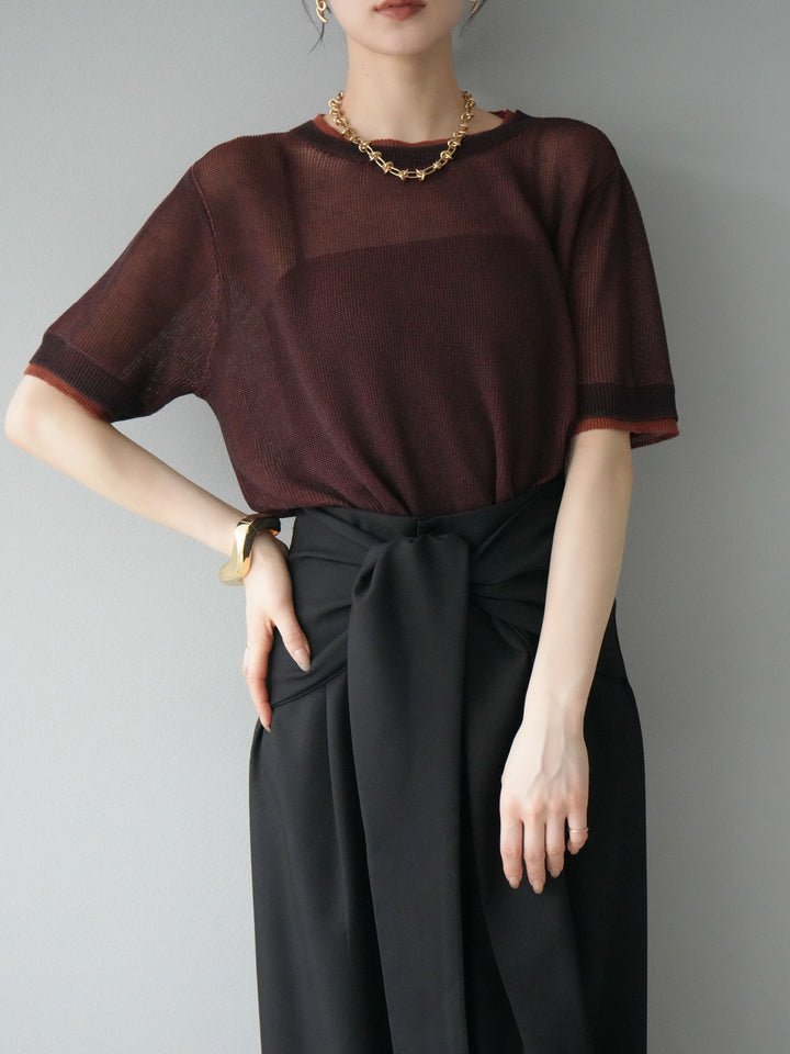[SET]リネンタッチ配色二重臼ハーフニットトップス+ウエスト巻きデザインワイドパンツ(2set)